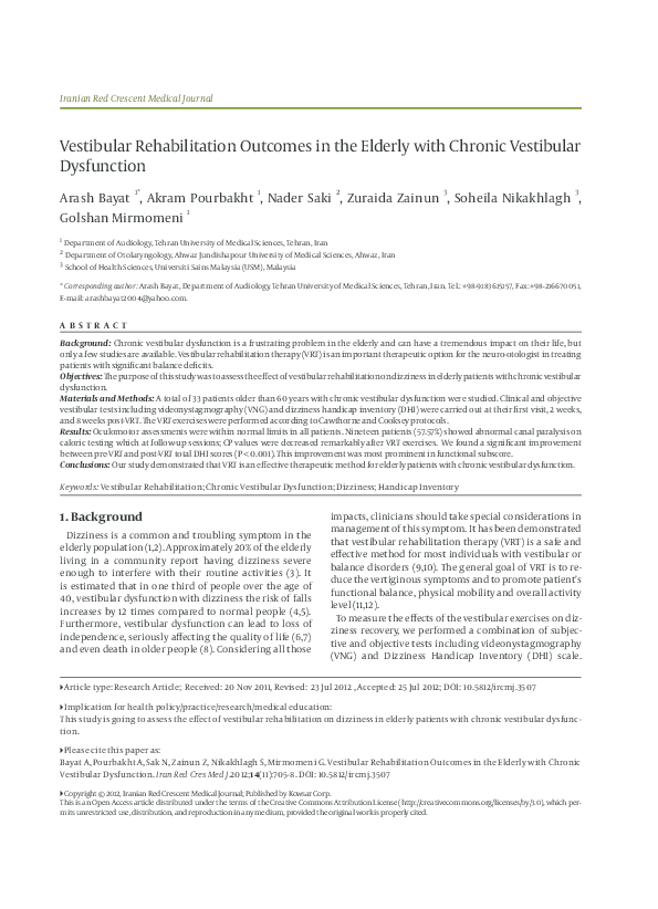 (PDF) Vestibular rehabilitation outcomes in the elderly with chronic ...