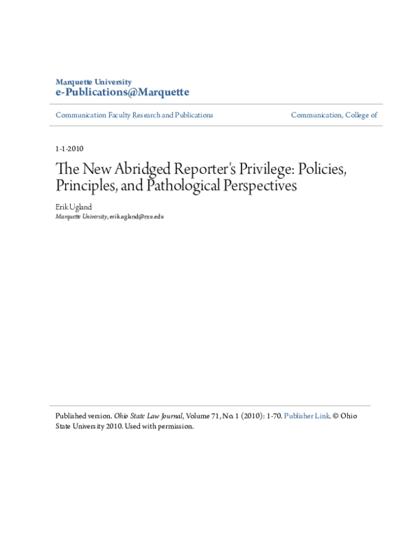 (PDF) The New Abridged Reporter's Privilege: Policies, Principles, and ...
