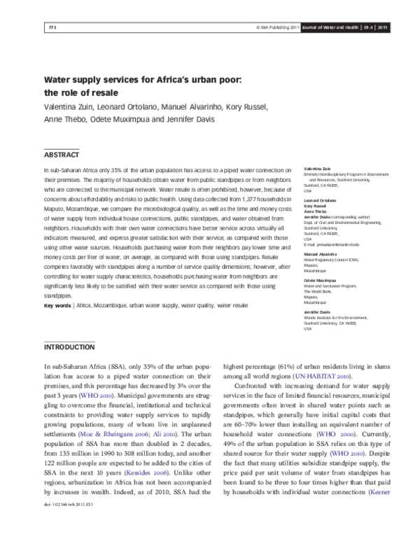 (PDF) Water supply services for Africa's urban poor: the role of resale