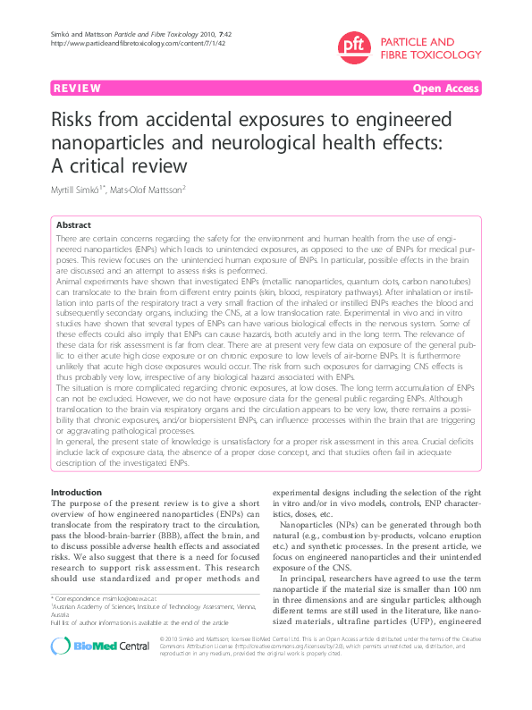 (PDF) Risks from accidental exposures to engineered nanoparticles and