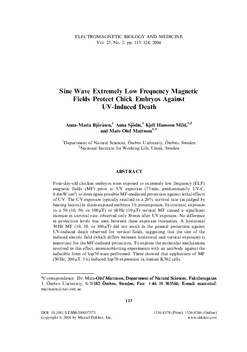 (PDF) Sine Wave Extremely Low Frequency Fields Protect Chick