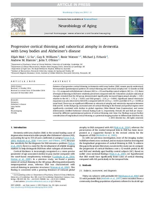 (PDF) Progressive cortical thinning and subcortical atrophy in dementia ...