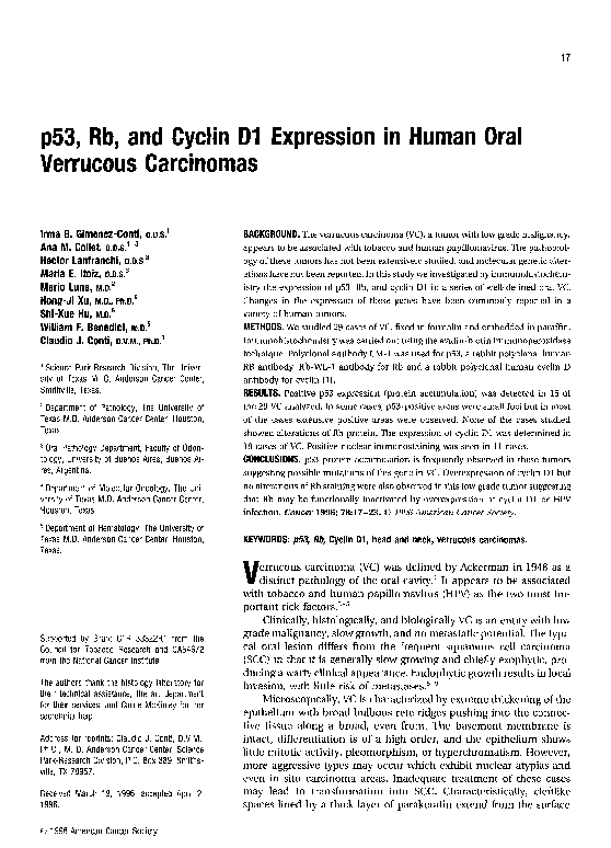 (PDF) p53, Rb, and cyclin D1 expression in human oral verrucous carcinomas
