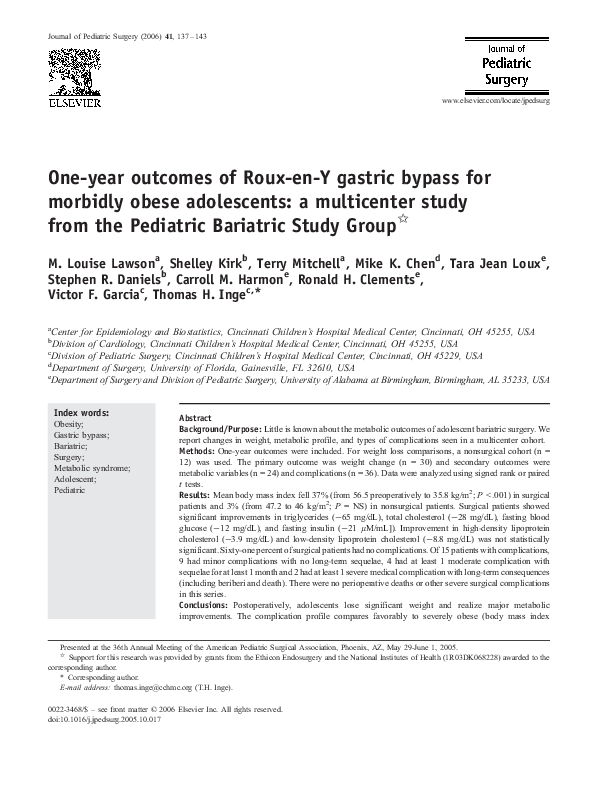 (PDF) One-year outcomes of Roux-en-Y gastric bypass for morbidly obese ...