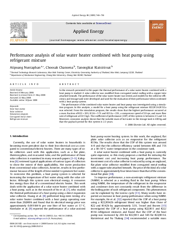 (PDF) Performance analysis of solar water heater combined with heat ...