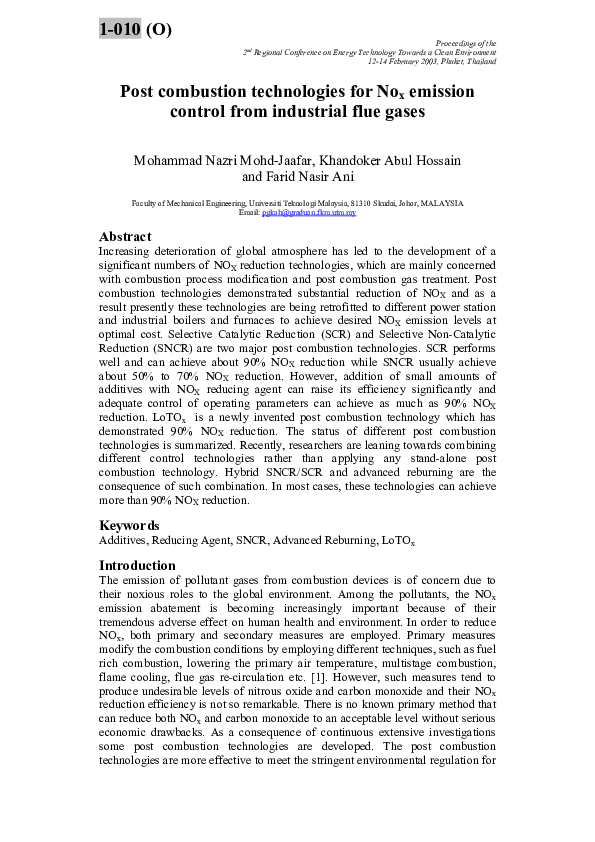 (PDF) Post combustion technologies for Nox emission control from