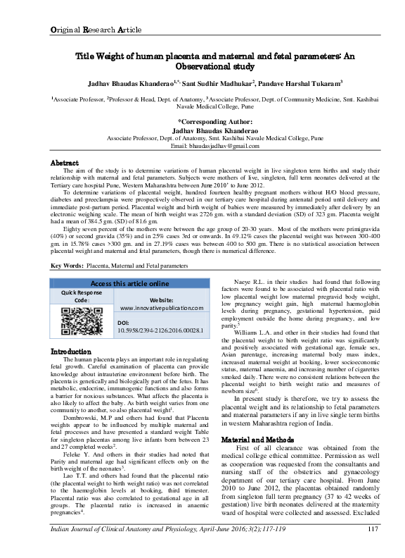 (PDF) Title Weight of human placenta and maternal and fetal parameters ...