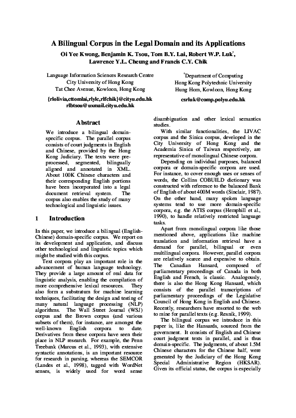(PDF) A Bilingual Corpus in the Legal Domain and its Applications