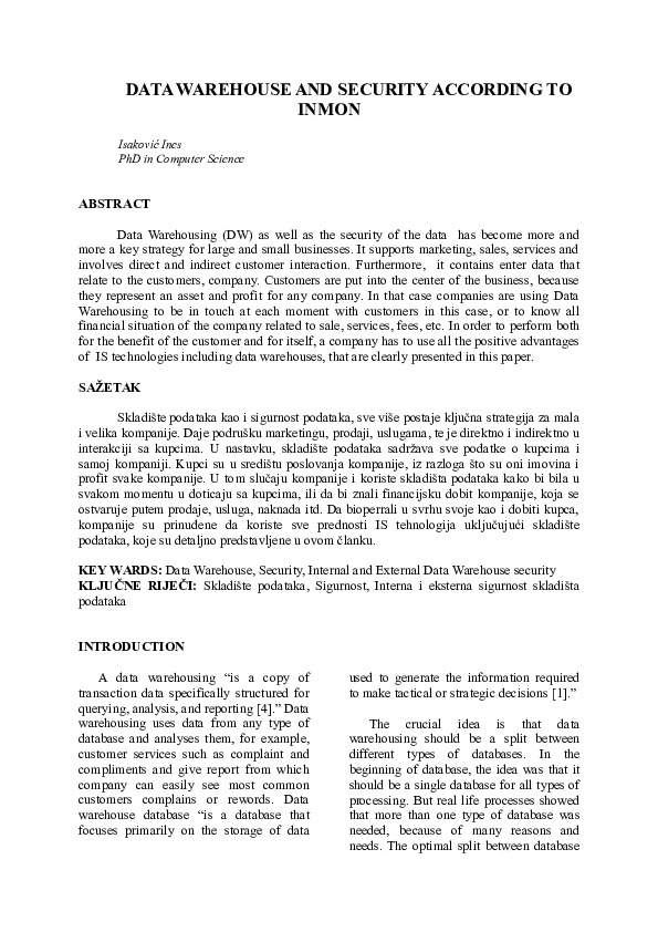 (DOC) DATA WAREHOUSE AND SECURITY ACCORDING TO INMON