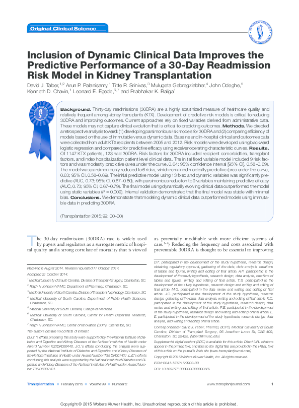 (PDF) Inclusion of Dynamic Clinical Data Improves the Predictive ...