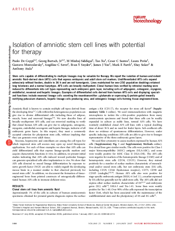 (PDF) Isolation of Amniotic Stem Cell Lines With Potential for Therapy