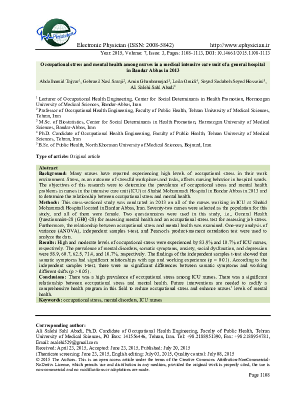 (PDF) Occupational stress and mental health among nurses in a medical ...