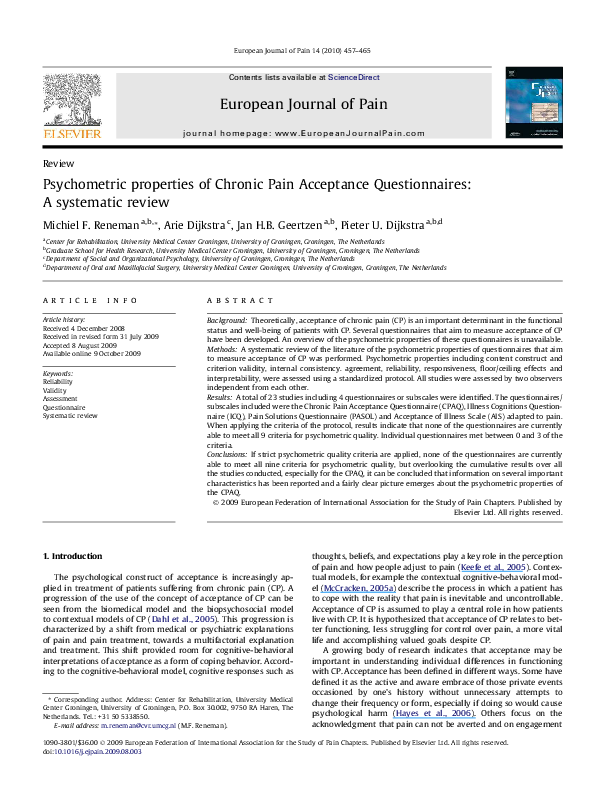 (PDF) Psychometric properties of Chronic Pain Acceptance Questionnaires ...
