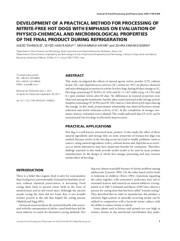 (PDF) Development of a Practical Method for Processing of NitriteFree Hot Dogs with Emphasis on