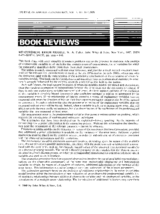 PDF) Measurement error models, W. A. Fuller, John Wiley & Sons