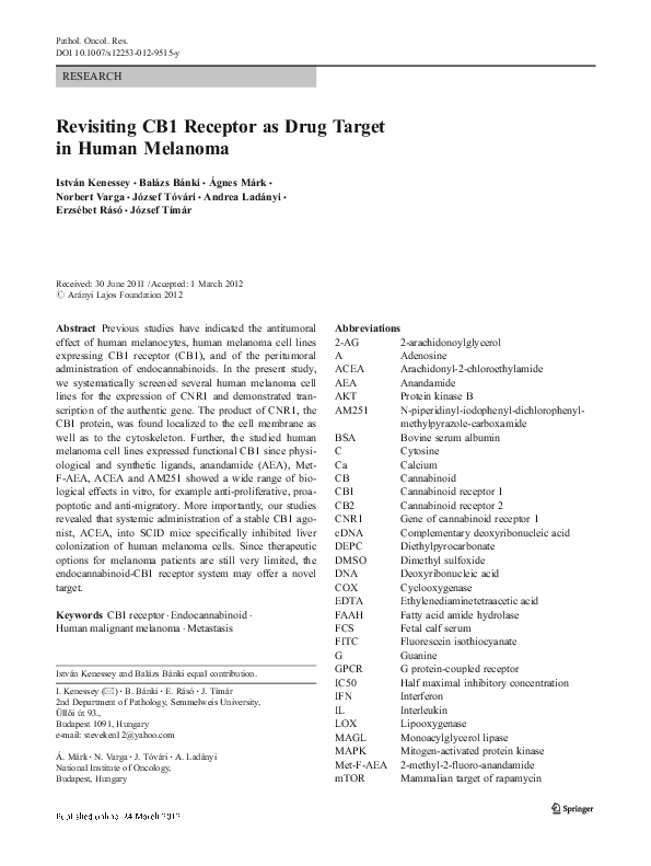 (PDF) Revisiting CB1 Receptor as Drug Target in Human Melanoma