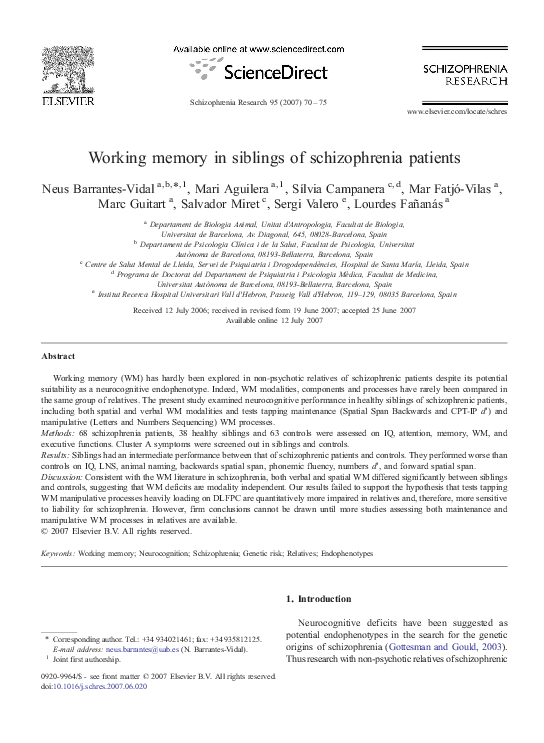 (PDF) Working memory in siblings of schizophrenia patients