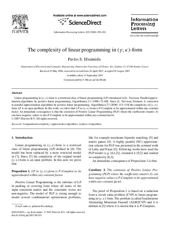 (PDF) The complexity of linear programming in -form