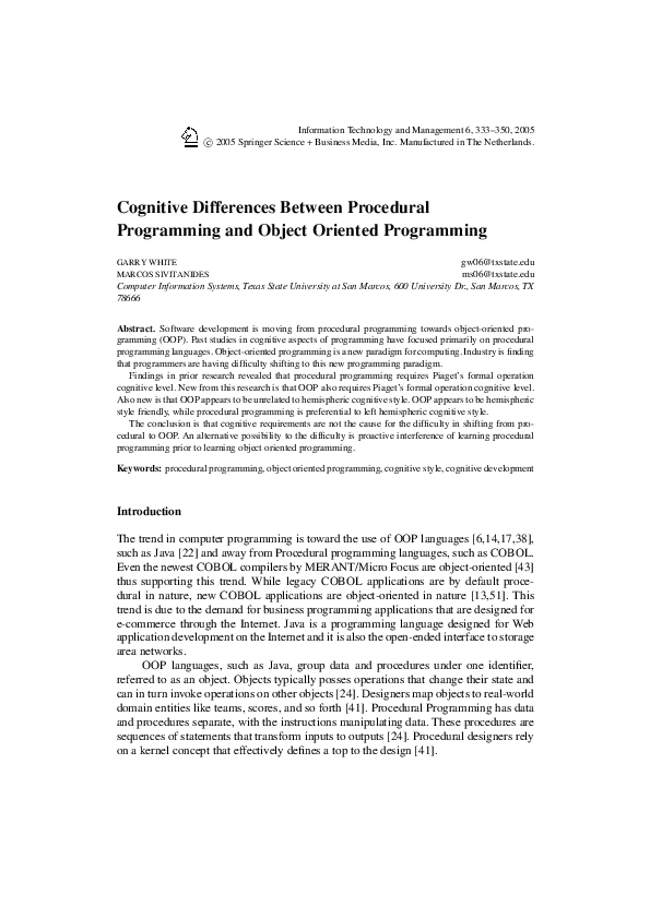(PDF) Cognitive Differences Between Procedural Programming and Object ...
