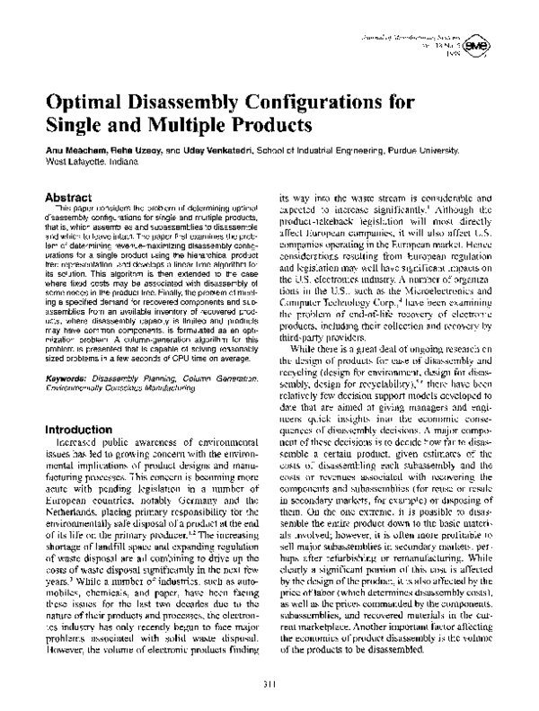 (PDF) Optimal disassembly configurations for single and multiple products