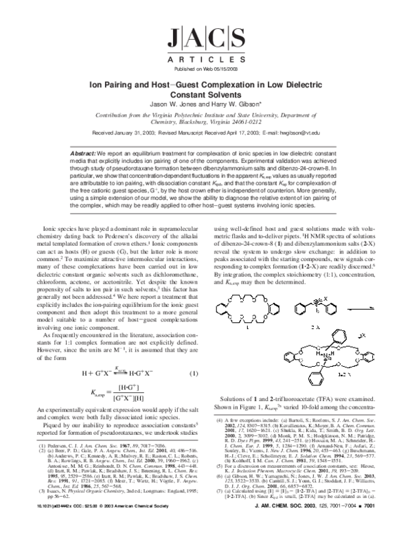 (PDF) Ion Pairing and Host−Guest Complexation in Low Dielectric Constant Solvents Harry Gibson