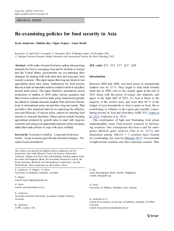 (PDF) Re-examining policies for food security in Asia