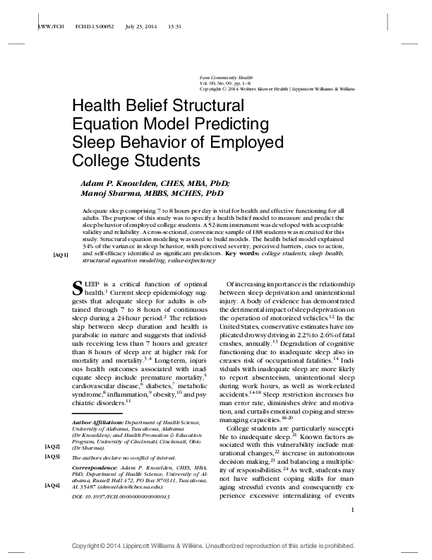(PDF) Health Belief Structural Equation Model Predicting Sleep Behavior ...