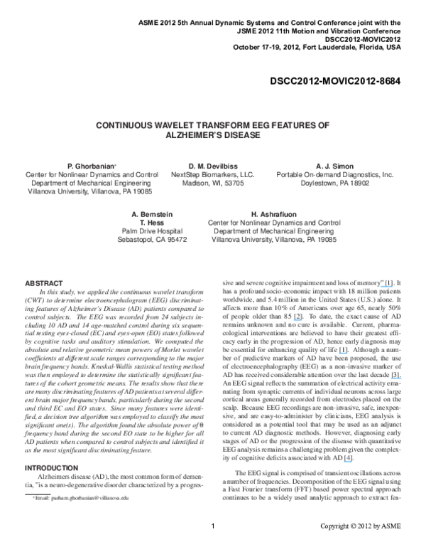(PDF) Continuous Wavelet Transform EEG Features of Alzheimer’s Disease David Devilbiss and