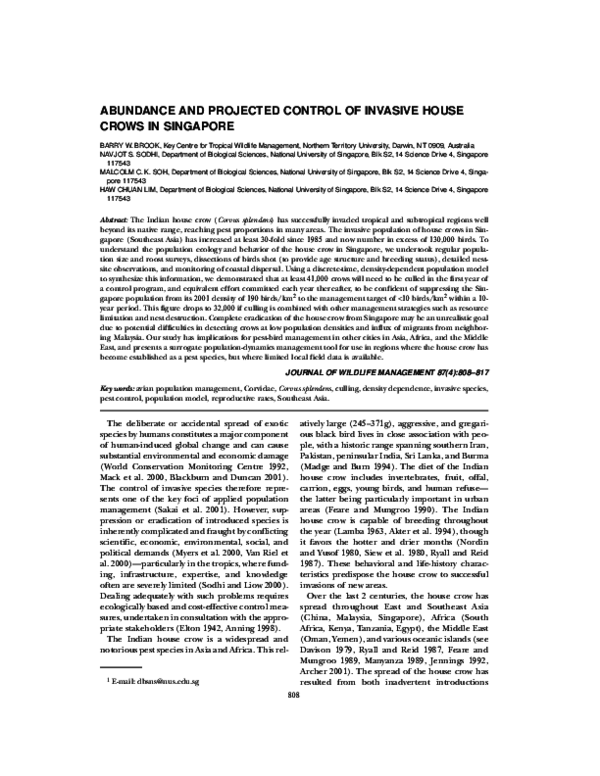 (PDF) Abundance and Projected Control of Invasive House Crows in Singapore