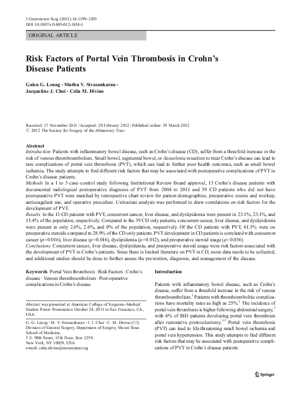 (PDF) Risk Factors of Portal Vein Thrombosis in Crohn’s Disease Patients
