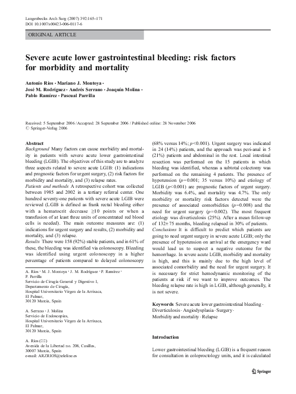 (PDF) Severe acute lower gastrointestinal bleeding: risk factors for ...