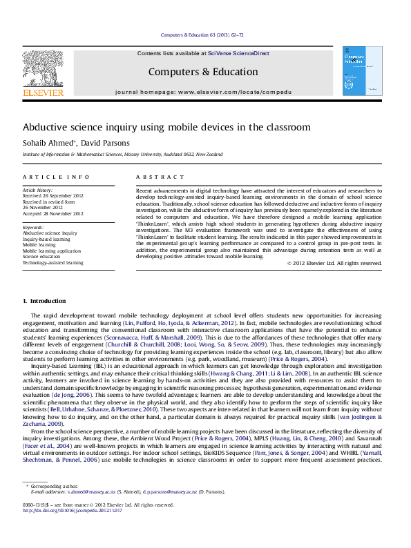 (PDF) Abductive science inquiry using mobile devices in the classroom
