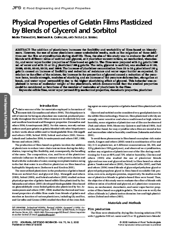 (PDF) Physical Properties of Gelatin Films Plasticized by Blends of