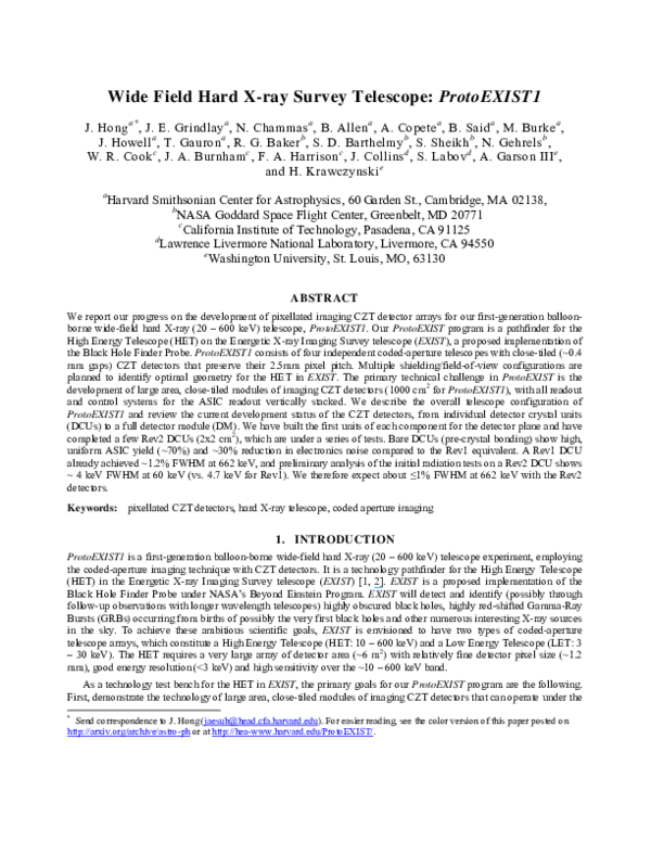 (PDF) Wide Field Hard X-ray Survey Telescope: ProtoEXIST1