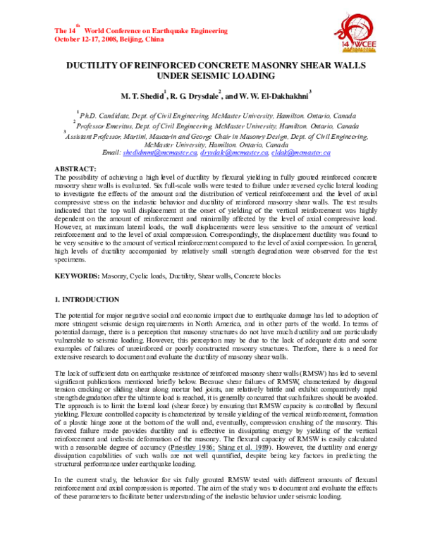 (PDF) Ductility of reinforced concrete masonry shear walls under ...