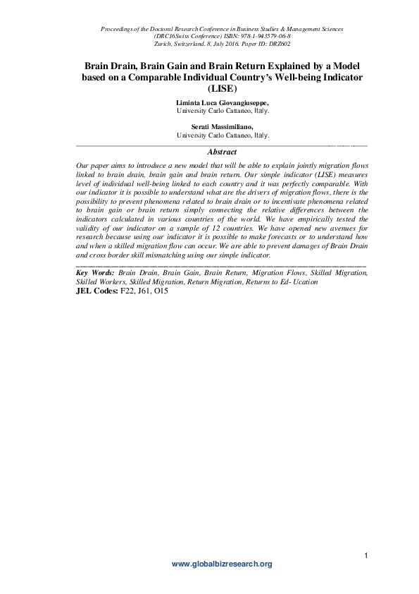 (PDF) Brain Drain, Brain Gain and Brain Return Explained by a Model based on a Comparable