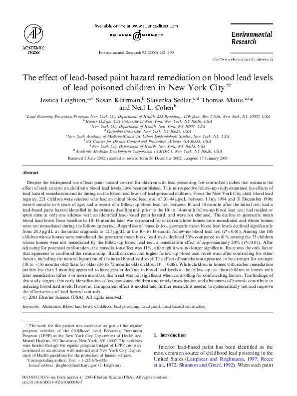 (PDF) The effect of leadbased paint hazard remediation on blood lead
