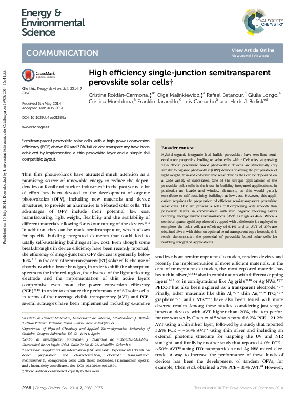 (PDF) High efficiency single-junction semitransparent perovskite solar ...