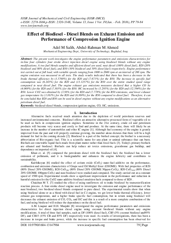 (PDF) Effect of Biodiesel Diesel Blends on Exhaust Emission and