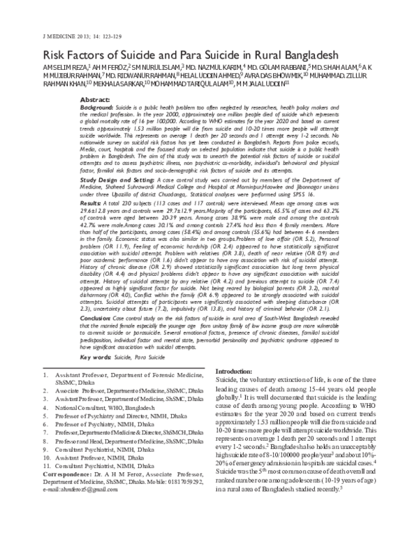 (PDF) Risk Factors of Suicide and Para Suicide in Rural Bangladesh