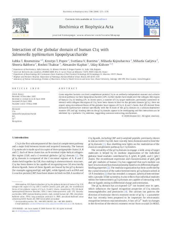 (PDF) Interaction of the globular domain of human C1q with Salmonella ...