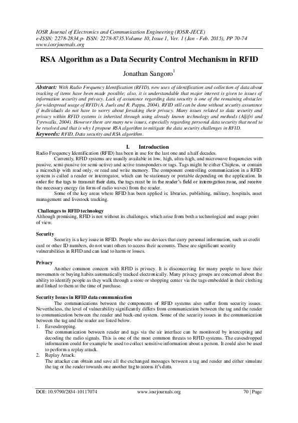 (PDF) RSA Algorithm as a Data Security Control Mechanism in RFID