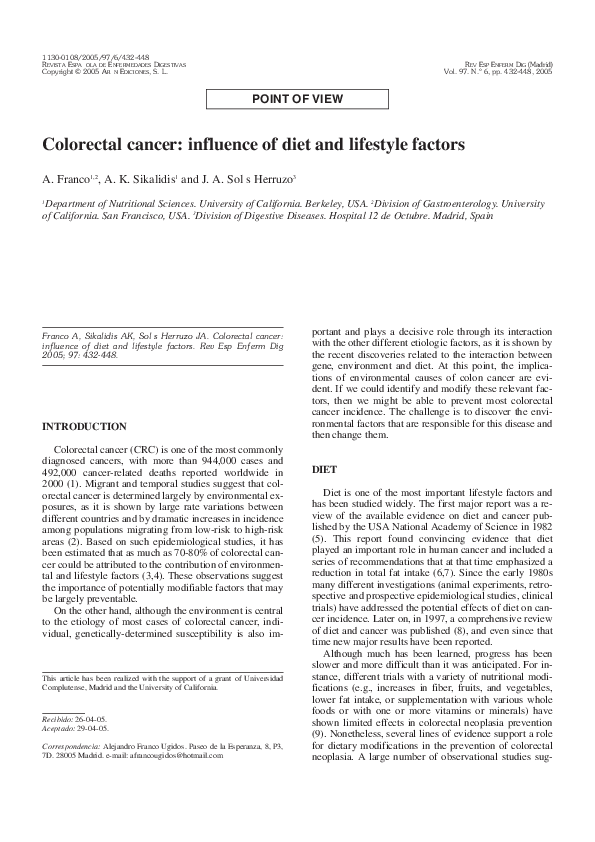(PDF) Colorectal cancer: influence of diet and lifestyle factors