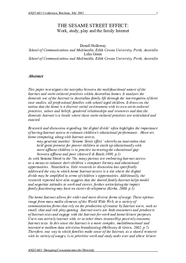 (PDF) THE SESAME STREET EFFECT Work, study, play and the family