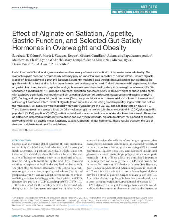(PDF) Effect of Alginate on Satiation, Appetite, Gastric Function, and ...