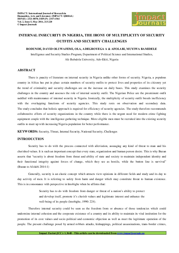 INTERNAL INSECURITY IN NIGERIA, THE IRONY OF MULTIPLICITY OF SECURITY ...