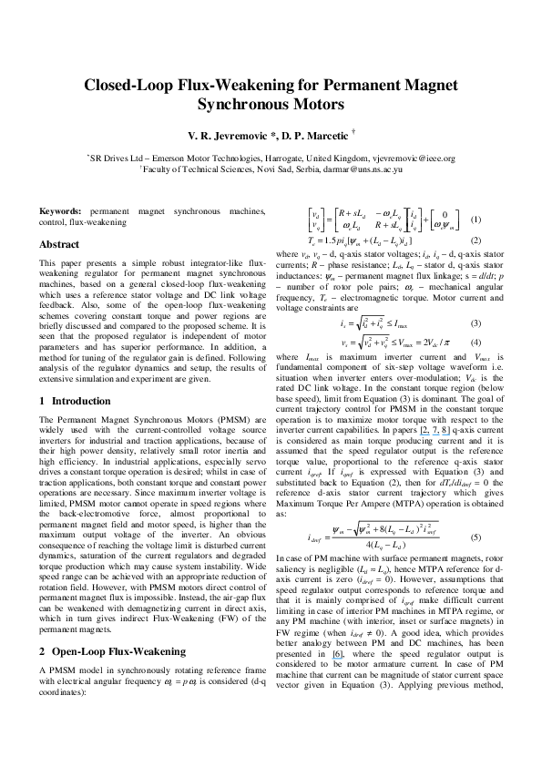 (PDF) Closed-loop flux-weakening for permanent magnet synchronous motors