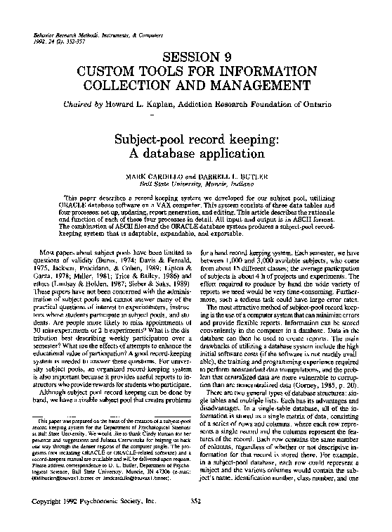 (PDF) Subject-pool record keeping: A database application