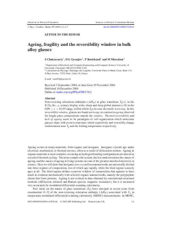 (PDF) Ageing, fragility and the reversibility window in bulk alloy glasses