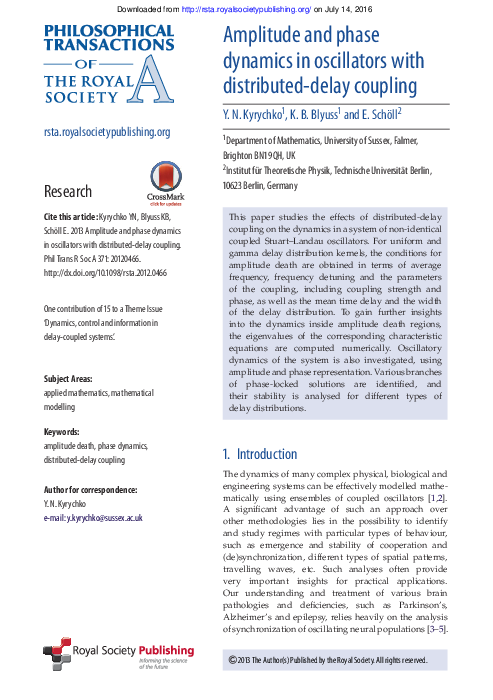 (PDF) Amplitude and phase dynamics in oscillators with distributed ...